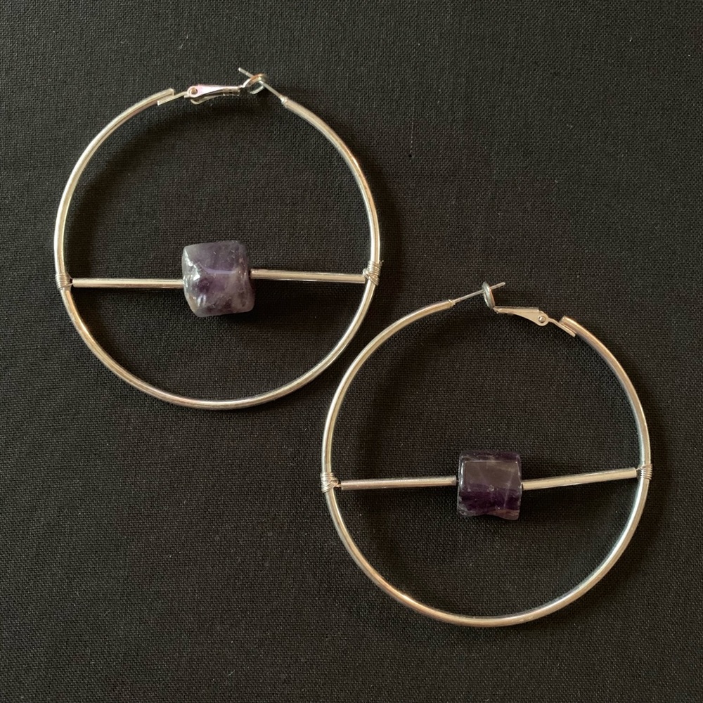 Silver Hoop amethyst earrings